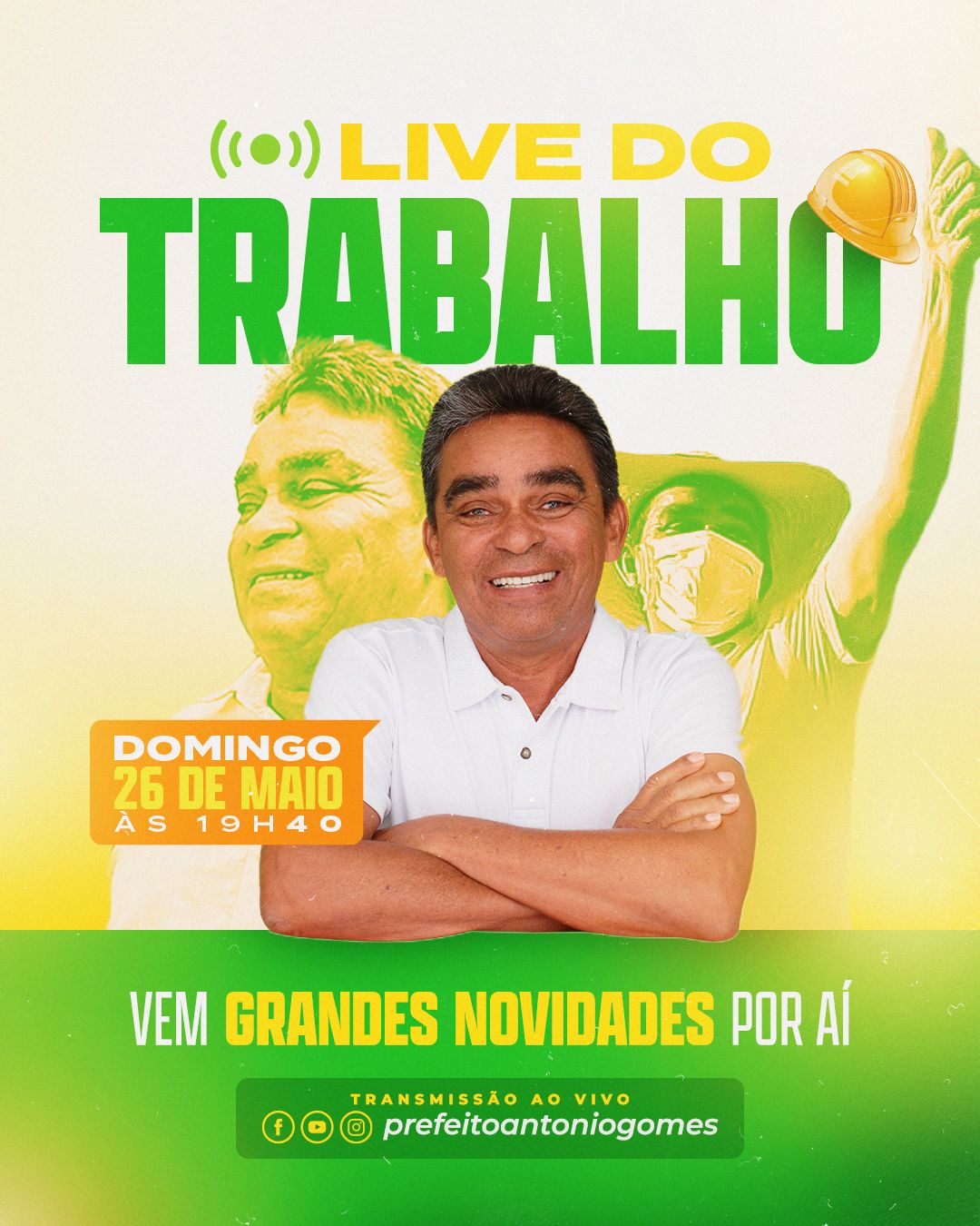 O Prefeito de Mari, Antônio Gomes, realizrá hoje (26/05) uma live no seu Instagran pessoal: @prefeitoantoniogomes. O titulo da programação já anunciada é Live do Trabalho. A transmissão ao vivo ocorrerá as 19:40, pontualmente.