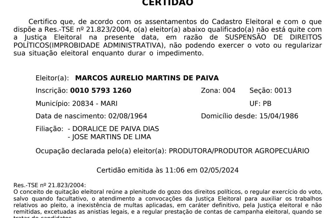 Marcos Martins, vinha prometendo aos seus poucos aliados politicos, já que seu grupo tem se desidratado a cada dia, que até o final de abril (mês que tem o dia da mentira), que estaria com sua situação regular jumto a justiça eleitoral, o que não aconteceu. Segundo documento emitido agora, ás 11:06h, Marcos segue a saga do inelegivel.