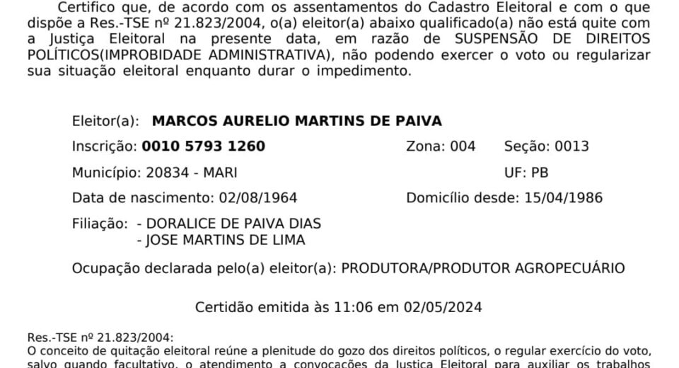 Marcos Martins, vinha prometendo aos seus poucos aliados politicos, já que seu grupo tem se desidratado a cada dia, que até o final de abril (mês que tem o dia da mentira), que estaria com sua situação regular jumto a justiça eleitoral, o que não aconteceu. Segundo documento emitido agora, ás 11:06h, Marcos segue a saga do inelegivel.