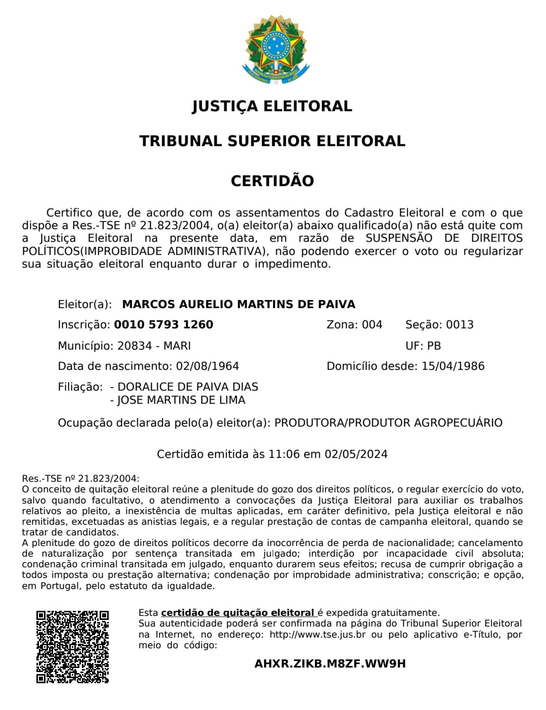 Marcos Martins, vinha prometendo aos seus poucos aliados politicos, já que seu grupo tem se desidratado a cada dia, que até o final de abril (mês que tem o dia da mentira), que estaria com sua situação regular jumto a justiça eleitoral, o que não aconteceu. Segundo documento emitido agora, ás 11:06h, Marcos segue a saga do inelegivel.